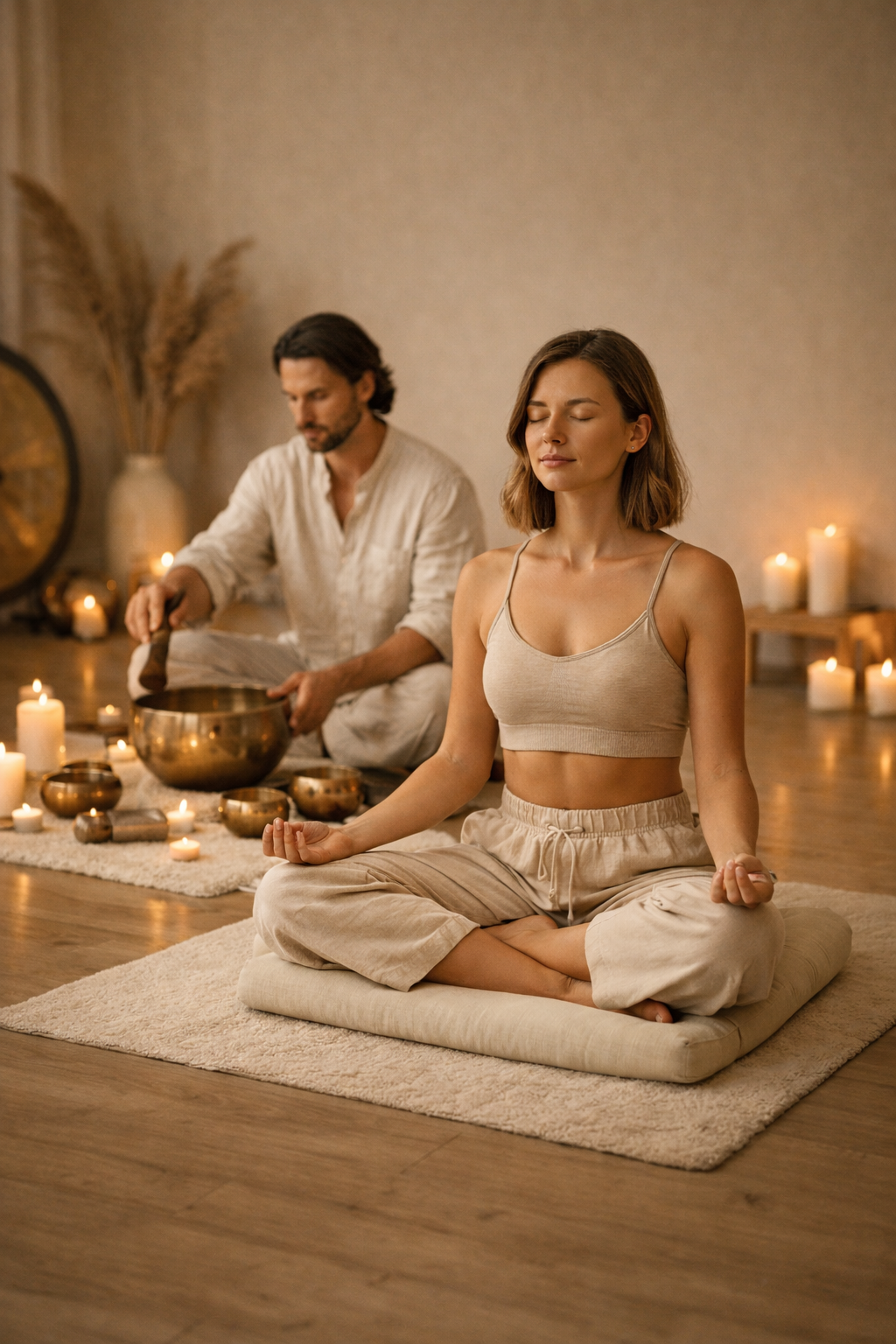 Sound healing meditation session in an authentic online yoga and wellness program